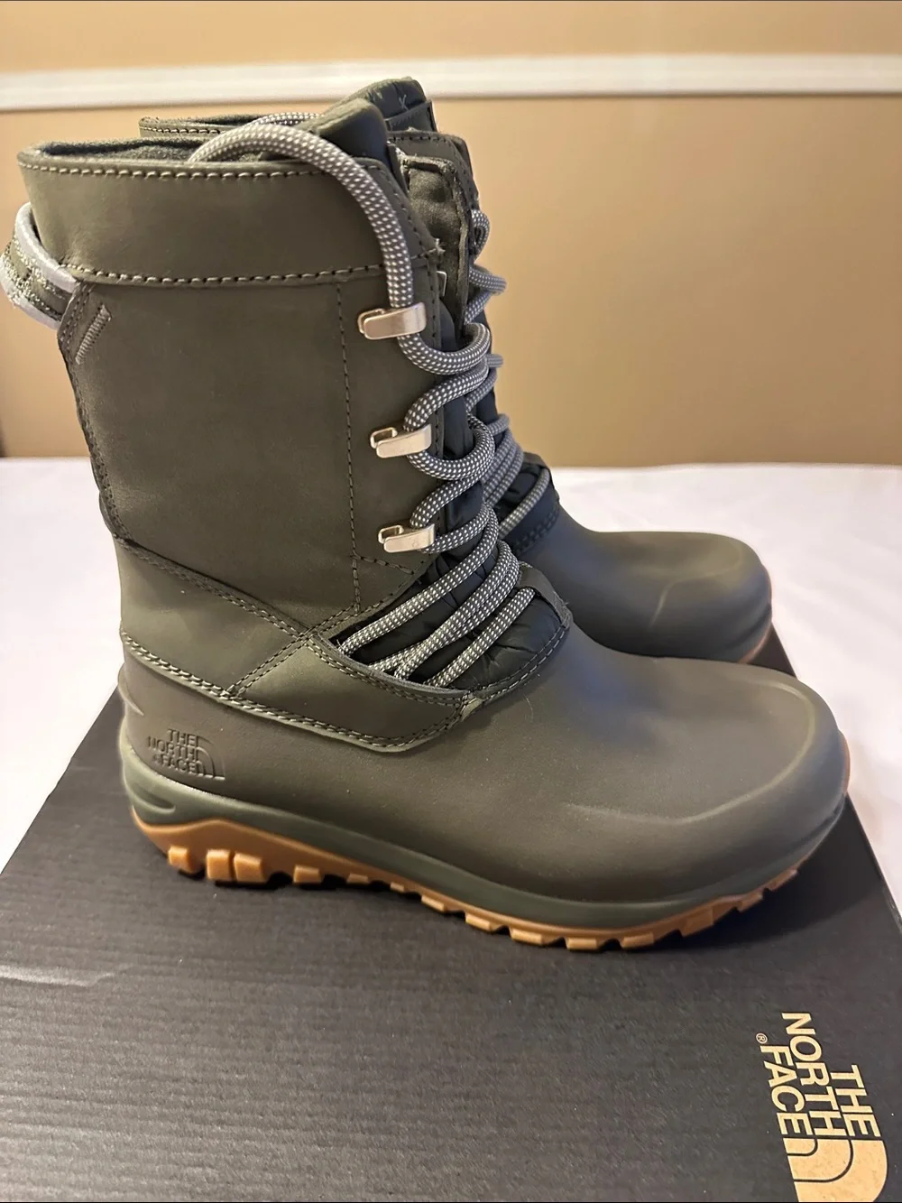 The North Face Women's Taupe/Green Insulated Winter Boots with Tan Outsoles .